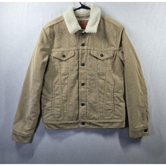 Levis Jacket Mens Medium Tan Corduroy Sherpa Lined Trucker Coat Casual - Picture 1 of 14